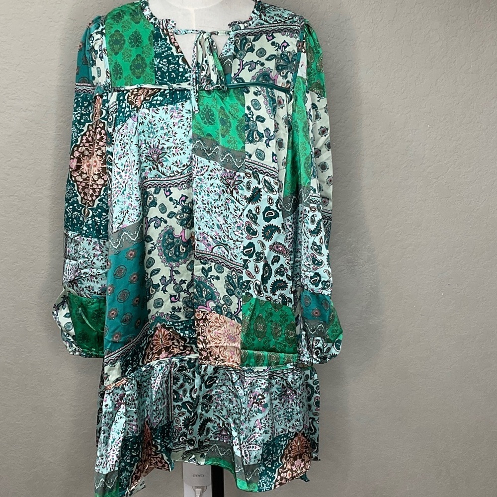 166 - Umgee NWT Green Patchwork Long Sleeve Dress, Size Small - Large - Picture 2 of 6
